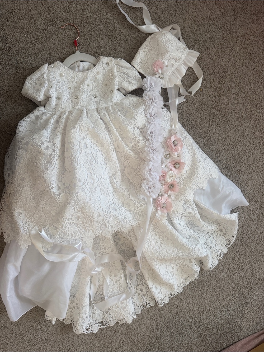 White Lace Flower Girl Dress with Matching Bonnet - Kids Costume